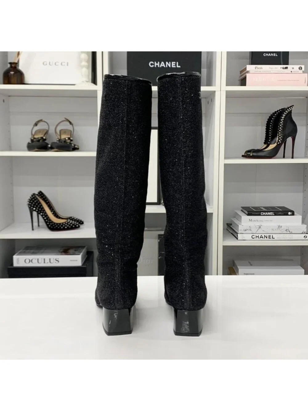 Chanel CC Logo Fabric Patent Glitter Long Boots Black